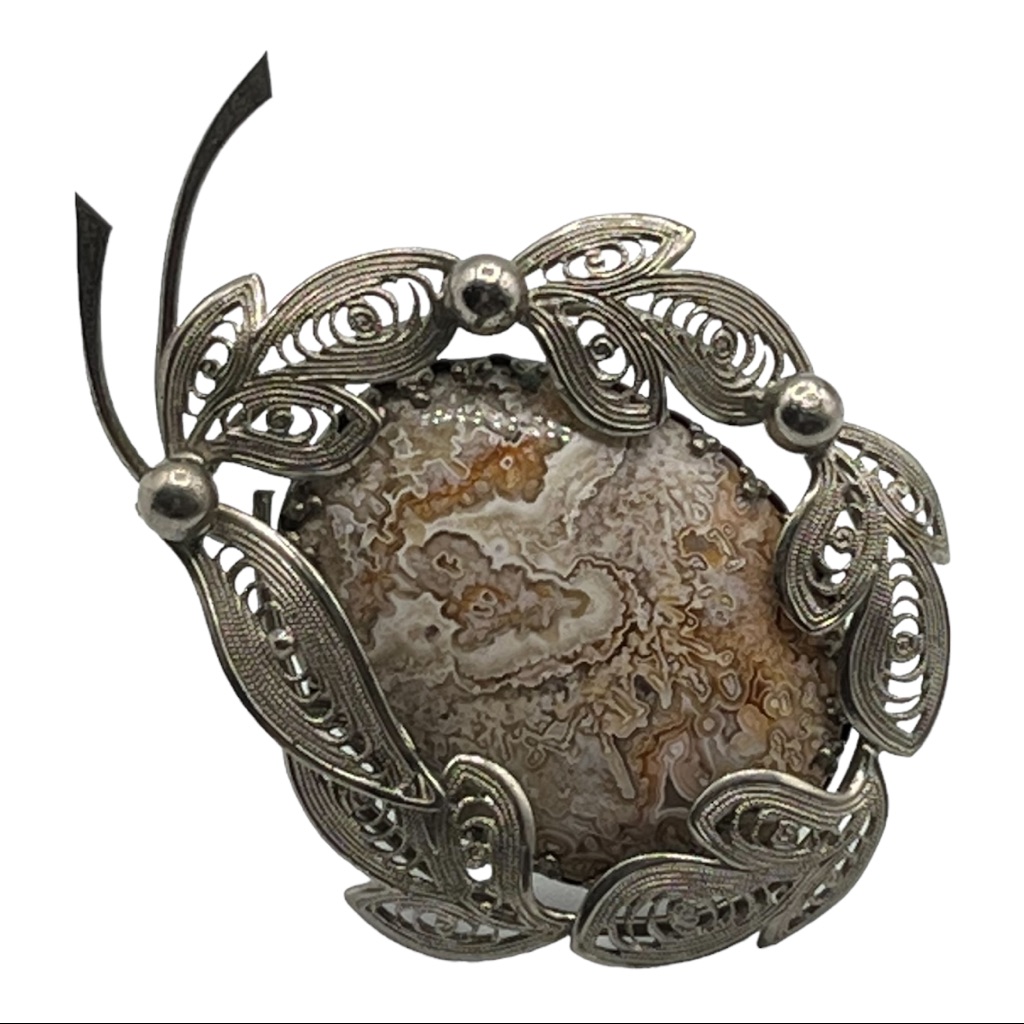 Vtg Victorian Revival Signed West Germany Agate Cabochon Filigree Silver Brooch 89$